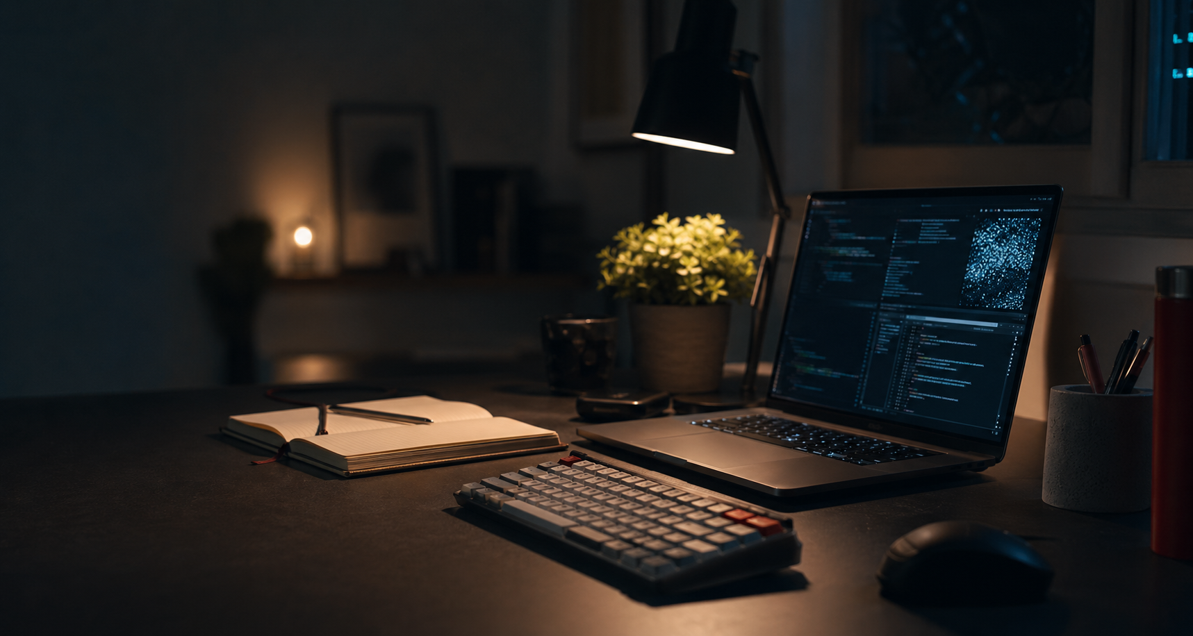 A quiet desk with a laptop, notebook, keyboard, and warm lamp light.